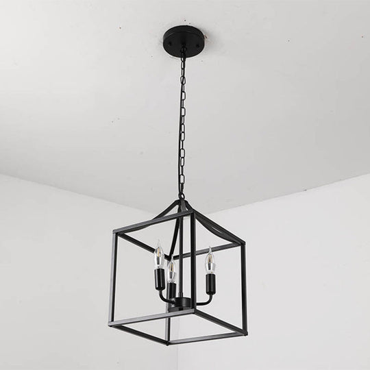 Retro Black Pendant Light: Square Cage Chandelier With 3 Lights Metal Lamp For Dining Room