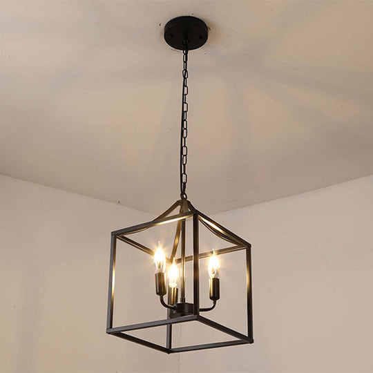 Retro Black Pendant Light: Square Cage Chandelier With 3 Lights Metal Lamp For Dining Room