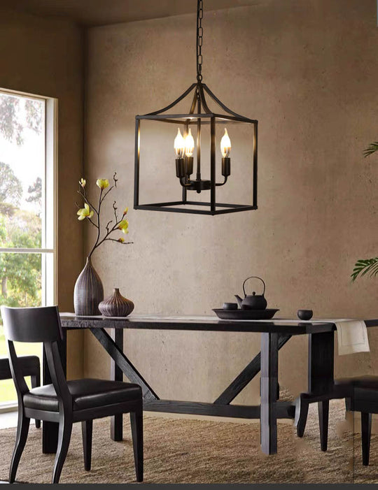 Retro Black Pendant Light: Square Cage Chandelier With 3 Lights Metal Lamp For Dining Room