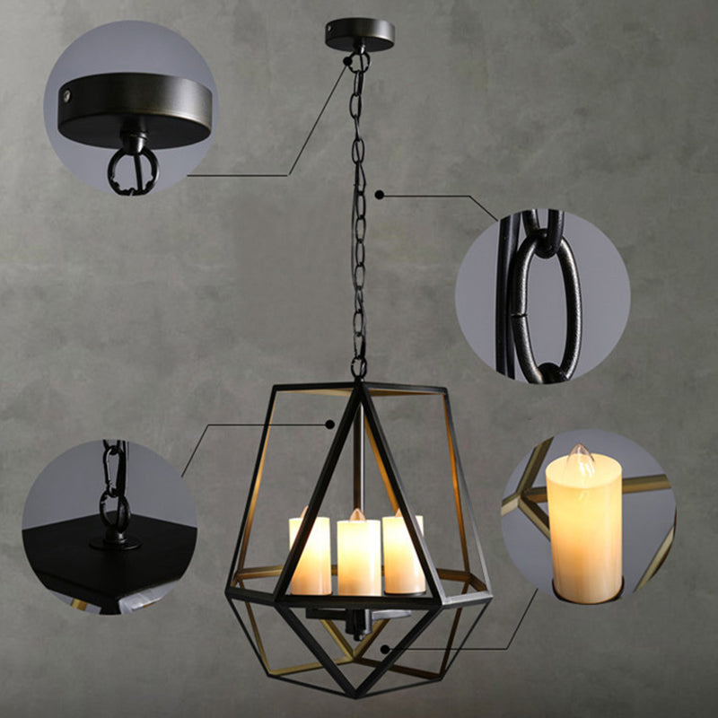 Black Metal Finish Chandelier With Caged Country Style And Faux Candles