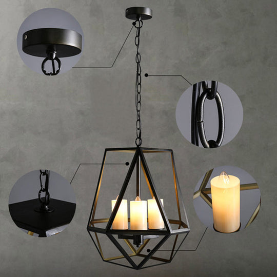 Black Metal Finish Chandelier With Caged Country Style And Faux Candles