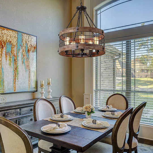 Rustic Metal Grid Cage Drum Chandelier: Brown Suspension Pendant Light For Dining Room