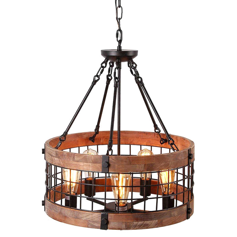 Rustic Metal Grid Cage Drum Chandelier: Brown Suspension Pendant Light For Dining Room