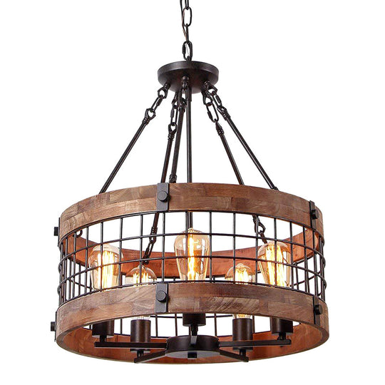 Rustic Metal Grid Cage Drum Chandelier: Brown Suspension Pendant Light For Dining Room 5 /