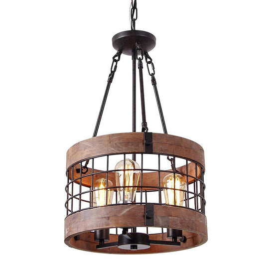 Rustic Metal Grid Cage Drum Chandelier: Brown Suspension Pendant Light For Dining Room 3 /