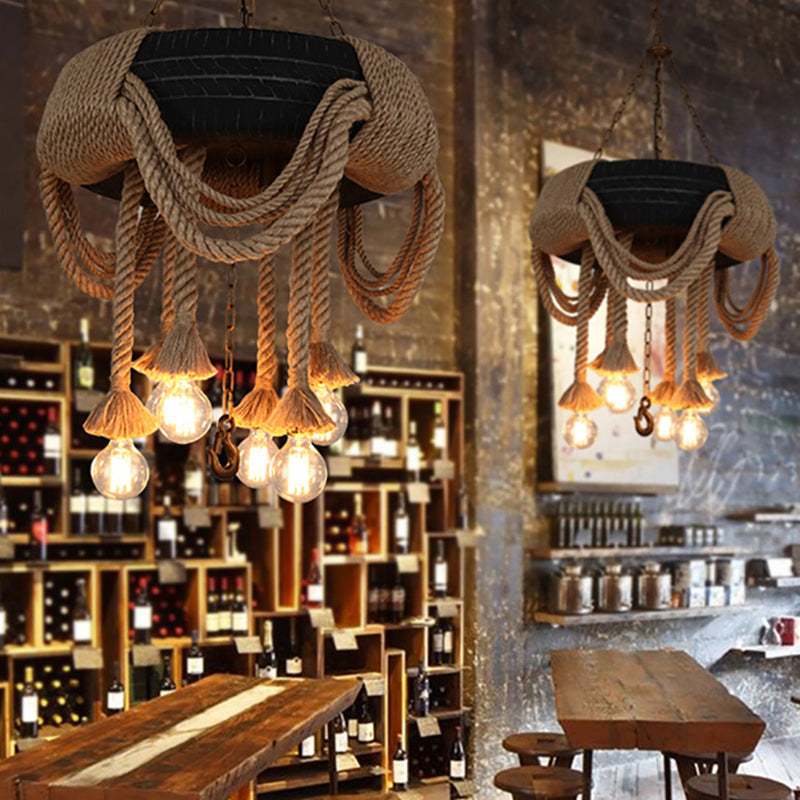 6-Bulb Black Tyre Chandelier: Industrial Rubber Bistro Suspension Lamp With Hemp Rope