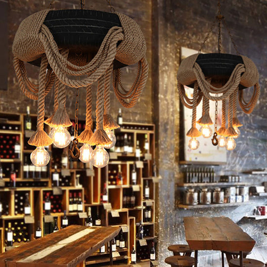 6-Bulb Black Tyre Chandelier: Industrial Rubber Bistro Suspension Lamp With Hemp Rope