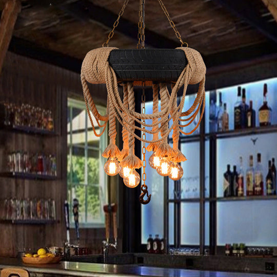 6-Bulb Black Tyre Chandelier: Industrial Rubber Bistro Suspension Lamp With Hemp Rope