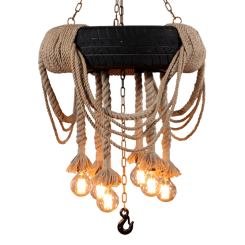 6-Bulb Black Tyre Chandelier: Industrial Rubber Bistro Suspension Lamp With Hemp Rope