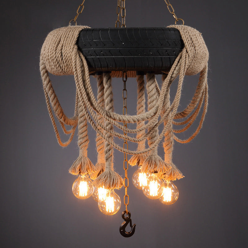 6-Bulb Black Tyre Chandelier: Industrial Rubber Bistro Suspension Lamp With Hemp Rope