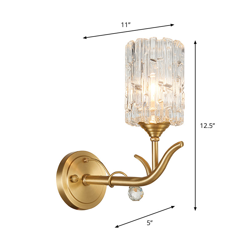 Vintage Style Clear Glass Wall Sconce With Gold Finish - Half-Head Cylindrical Corridor Mount Light