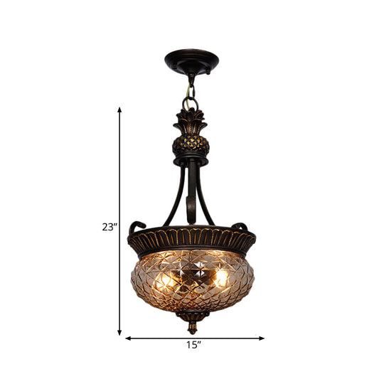 Country Black Chandelier Pendant Light With Clear Prismatic Glass Shade - 2-Light Dining Room