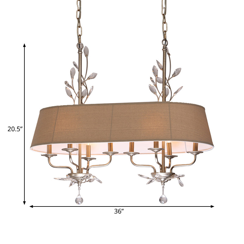 Traditional Flaxen Fabric Pendant Lamp With Crystal Accents - 8-Light Island Hanging Fixture