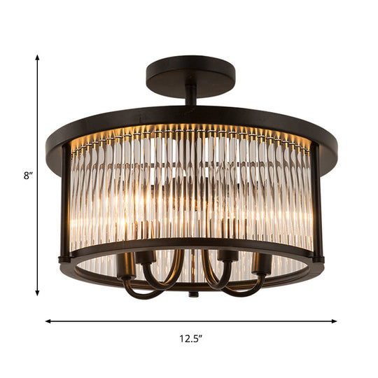 Contemporary Crystal Round Flushmount - 4-Light Black Semi Flush Lamp for Living Room