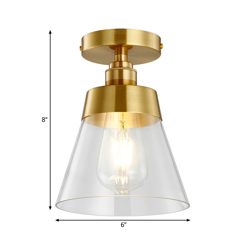 Clear Glass Ceiling Flush Mount Industrial Pendant Light - Cone Design, Brass Finish, Balcony Lighting