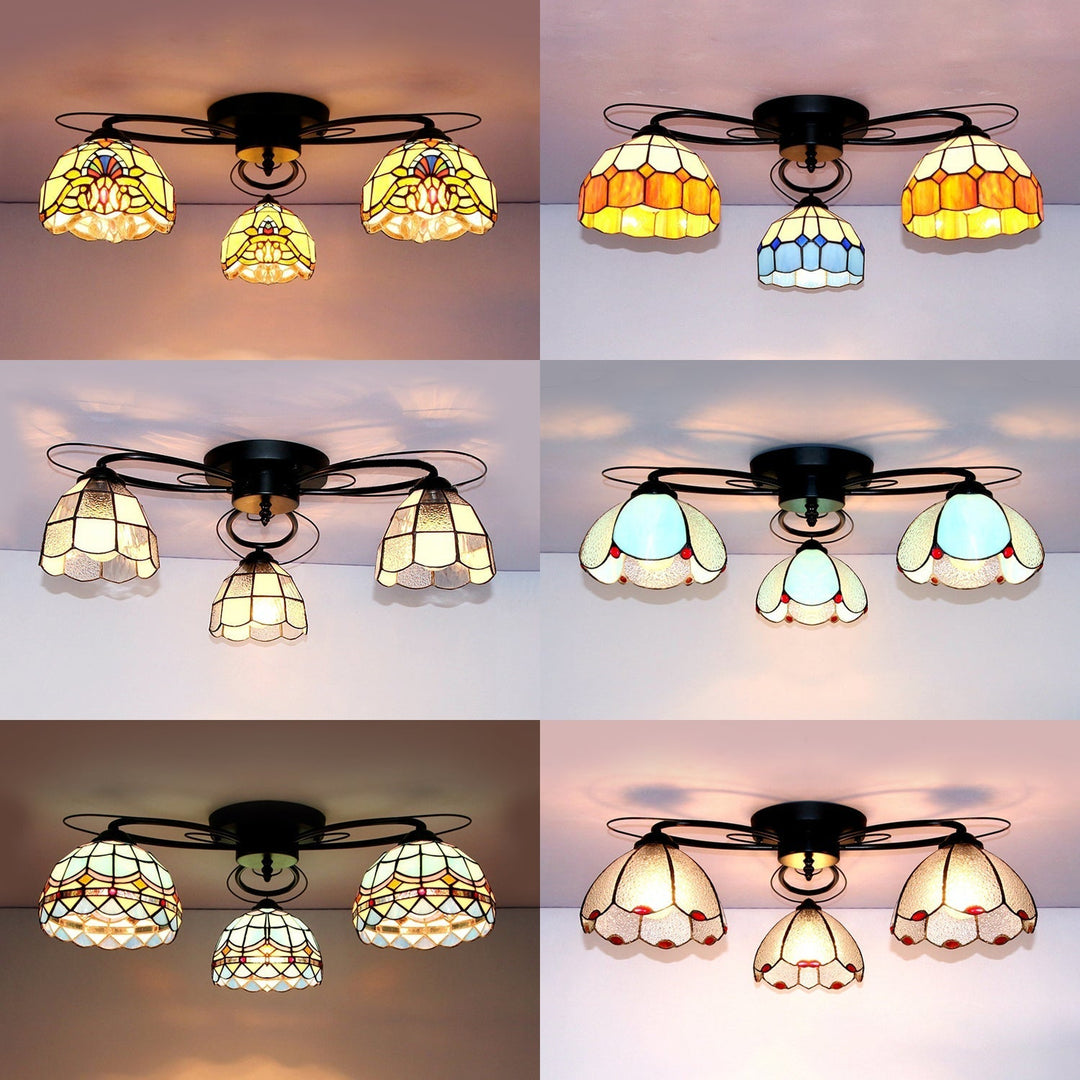 Tiffany Style Stained Glass Flushmount Ceiling Light With Geometric Art Pattern And 3 Lights In