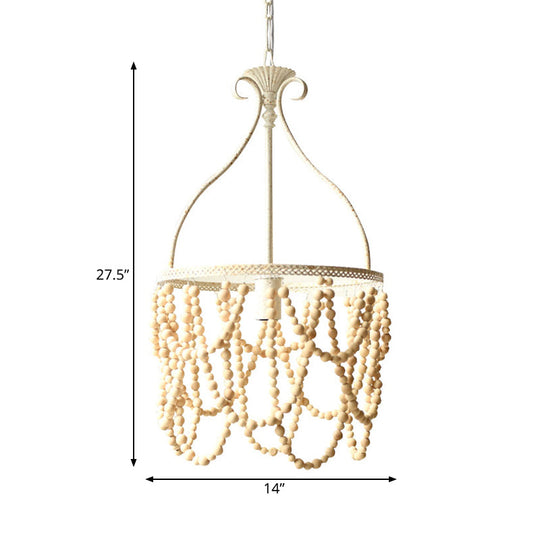 Country Style Wooden Beaded Pendant Ceiling Lamp With Iron Bellied Vase Hanging Frame - White 1 Bulb