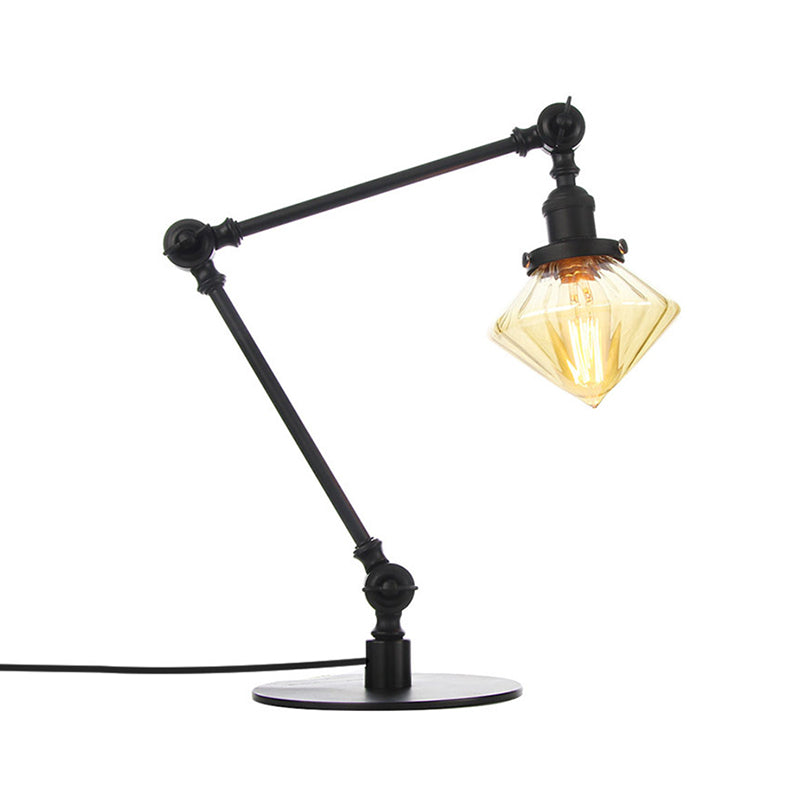 Vintage Diamond Shade Table Lamp: Amber/Clear Glass Adjustable Arm - Black/Brass