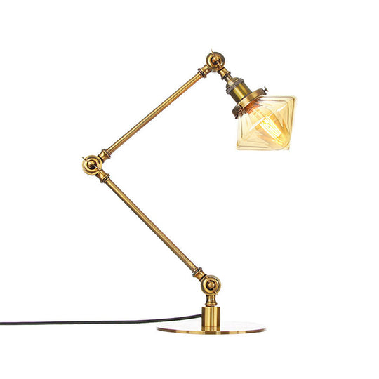 Vintage Diamond Shade Table Lamp: Amber/Clear Glass Adjustable Arm - Black/Brass