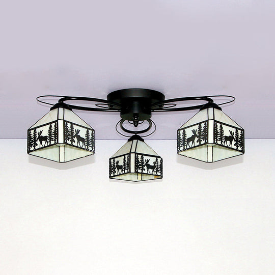 Tiffany Style Stained Glass Ceiling Light with Geometric Art Pattern - 3 Lights Flushmount in Black