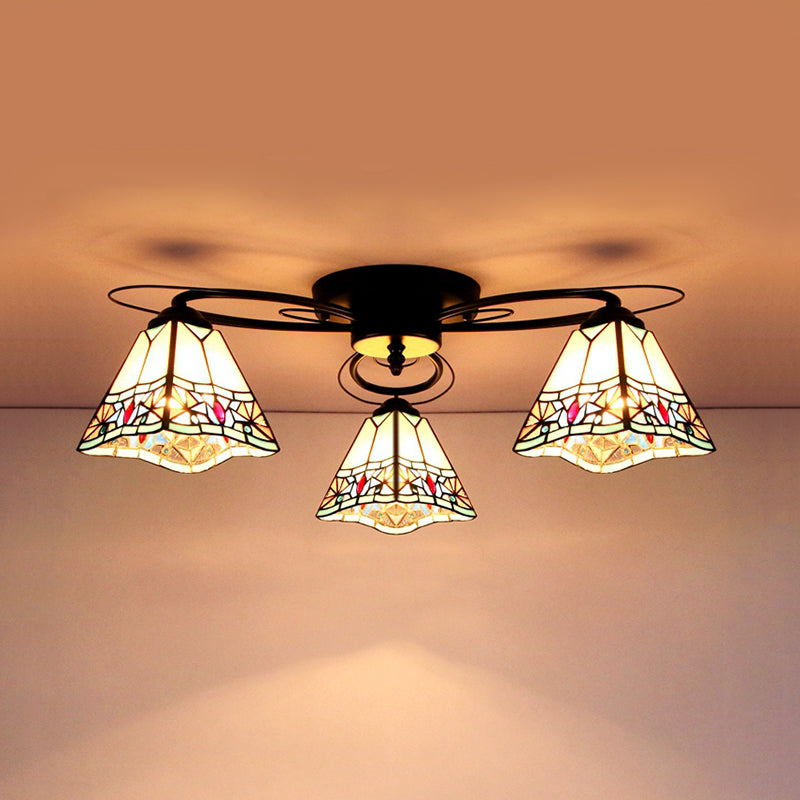 Tiffany Style Stained Glass Ceiling Light with Geometric Art Pattern - 3 Lights Flushmount in Black