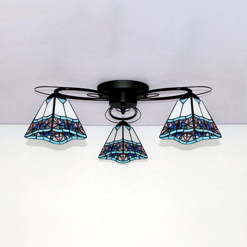 Tiffany Style Stained Glass Ceiling Light with Geometric Art Pattern - 3 Lights Flushmount in Black