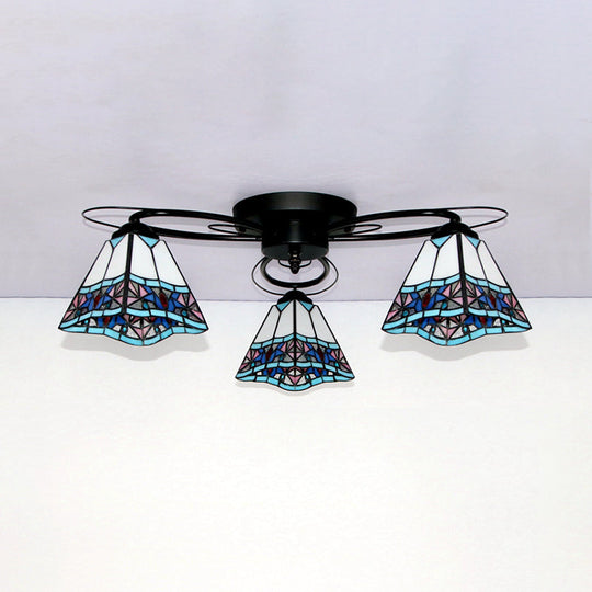 Tiffany Style Stained Glass Ceiling Light with Geometric Art Pattern - 3 Lights Flushmount in Black