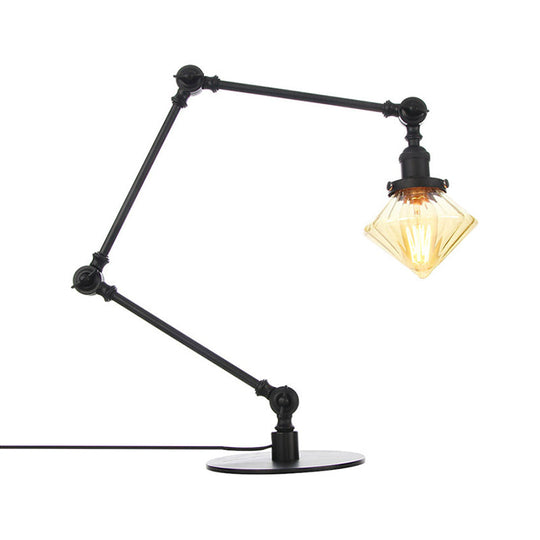 Vintage Diamond Shade Table Lamp: Amber/Clear Glass Adjustable Arm - Black/Brass