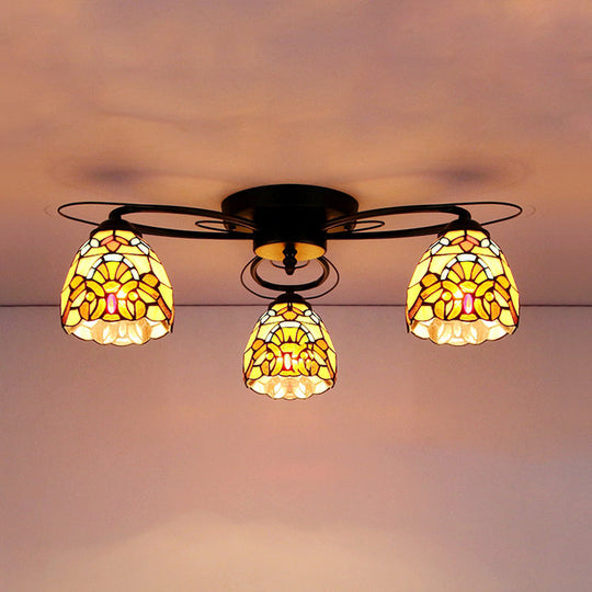 Tiffany Style Stained Glass Flushmount Ceiling Light With Geometric Art Pattern And 3 Lights In