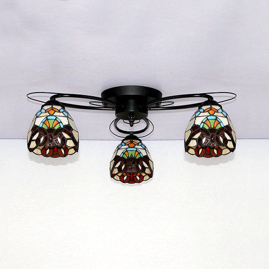 Tiffany Style Stained Glass Ceiling Light with Geometric Art Pattern - 3 Lights Flushmount in Black