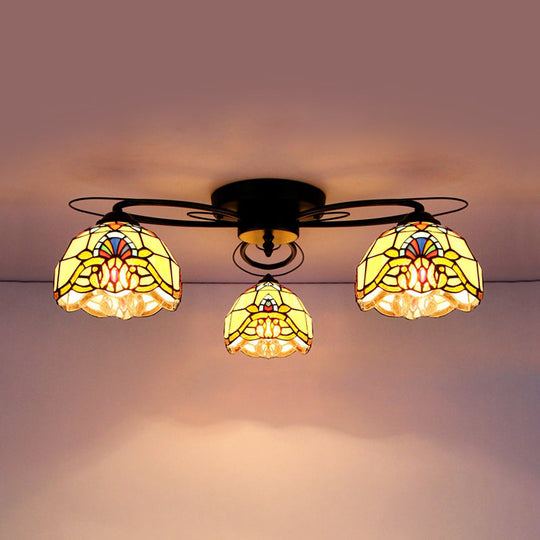 Tiffany Style Stained Glass Flushmount Ceiling Light With Geometric Art Pattern And 3 Lights In