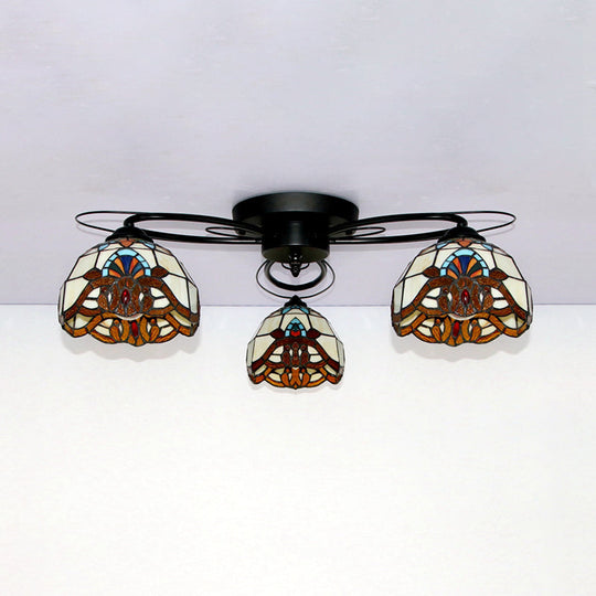 Tiffany Style Stained Glass Ceiling Light with Geometric Art Pattern - 3 Lights Flushmount in Black