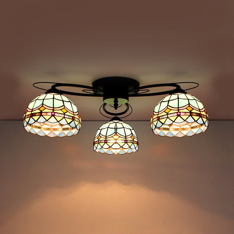 Tiffany Style Stained Glass Ceiling Light with Geometric Art Pattern - 3 Lights Flushmount in Black