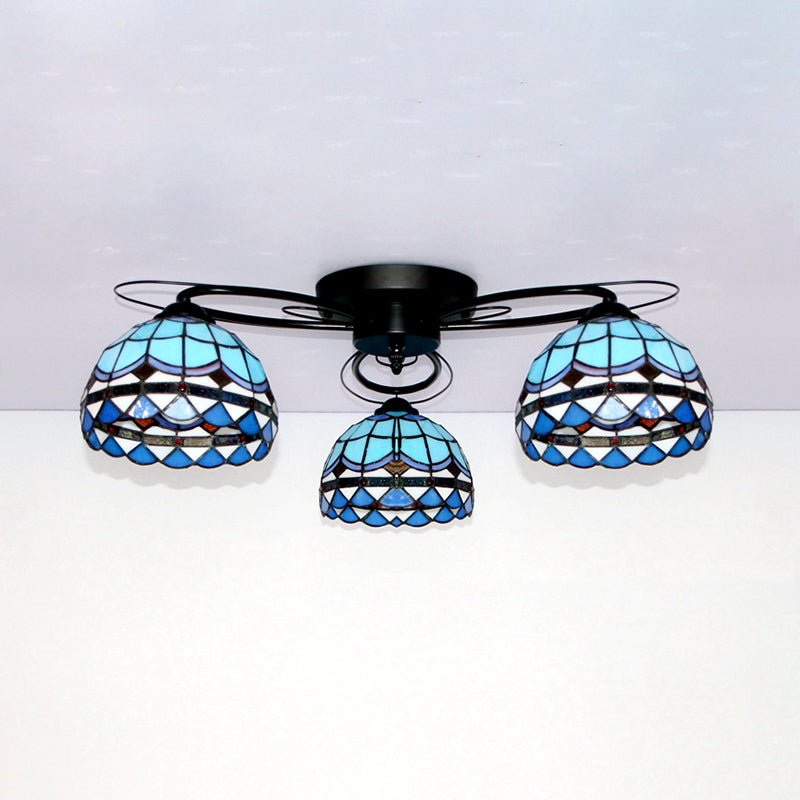 Tiffany Style Stained Glass Ceiling Light with Geometric Art Pattern - 3 Lights Flushmount in Black