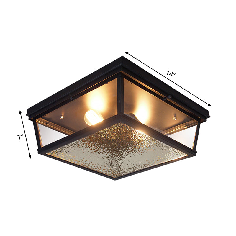 Industrial Flush Ceiling Fixture with Frosted Glass - 2 Lights, Black Finish