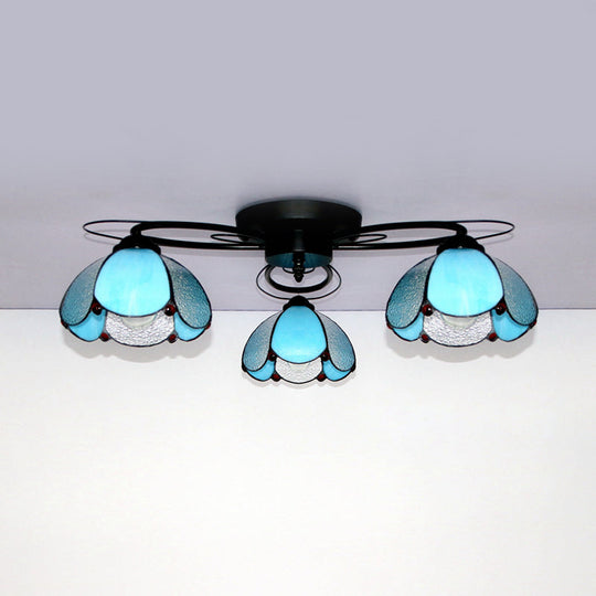 Tiffany Style Stained Glass Ceiling Light with Geometric Art Pattern - 3 Lights Flushmount in Black