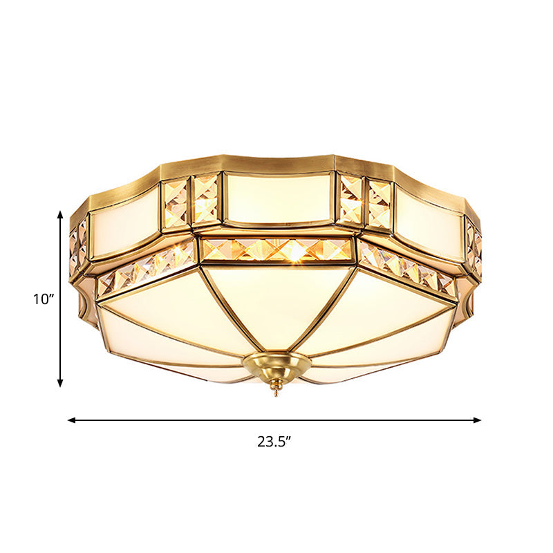 Traditional Yurt Flush Mount Lamp With Crystal Accent - 3/4/6 Lights And White Glass Ceiling