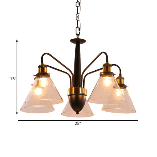 Traditional Black And Gold 3/5/6-Light Conical Chandelier Pendant With Clear Glass Shade