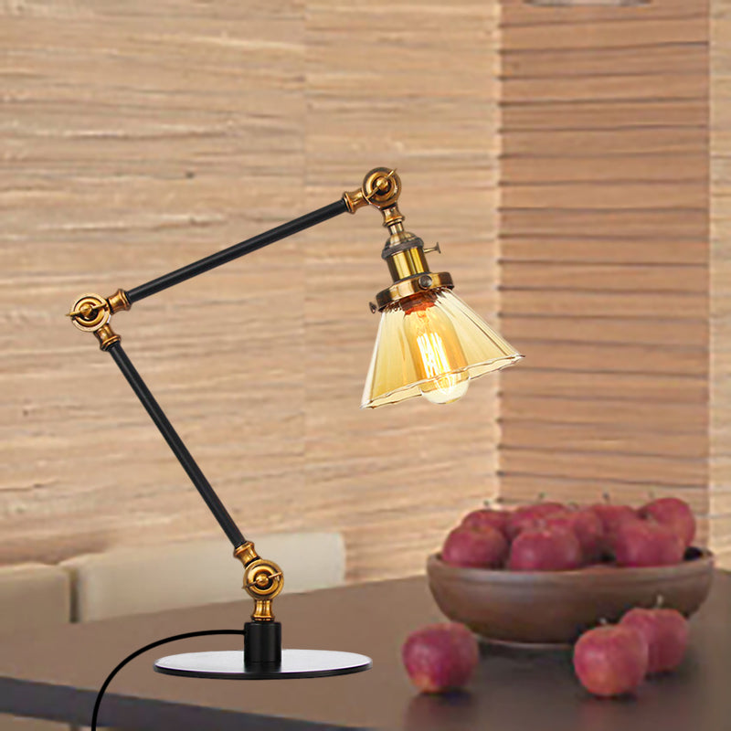 Stylish Cone Clear/Amber Glass Table Lamp - 1 Light Black/Brass Lighting For Study Room Brass /