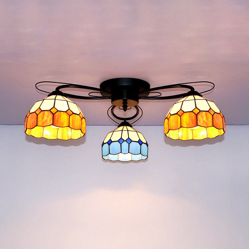 Tiffany Style Stained Glass Ceiling Light with Geometric Art Pattern - 3 Lights Flushmount in Black