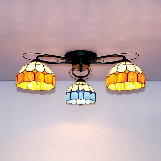 Tiffany Style Stained Glass Ceiling Light with Geometric Art Pattern - 3 Lights Flushmount in Black