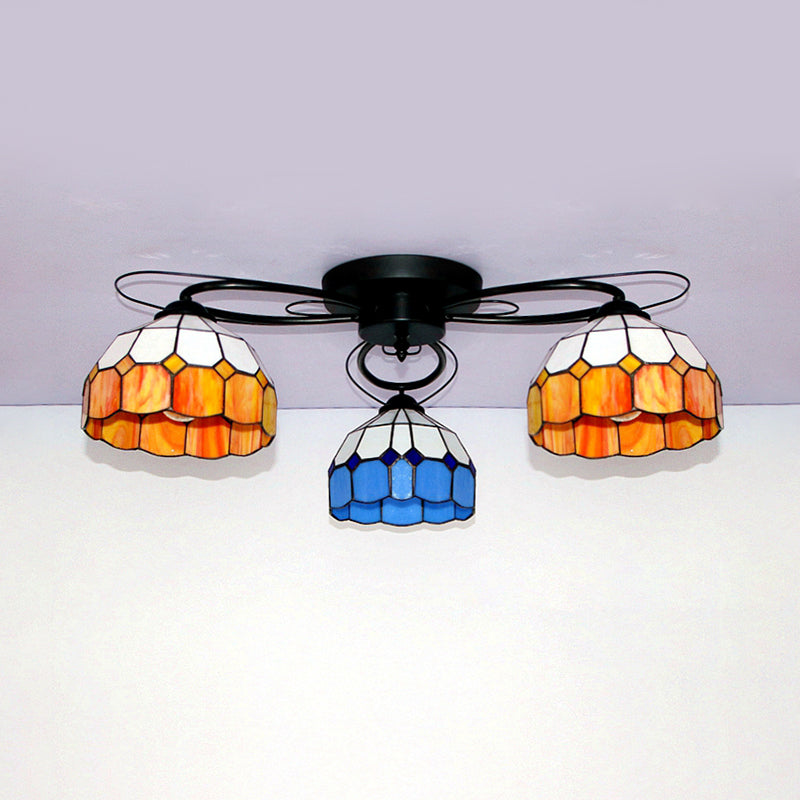 Tiffany Style Stained Glass Ceiling Light with Geometric Art Pattern - 3 Lights Flushmount in Black