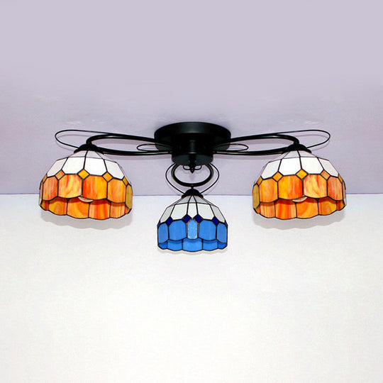 Tiffany Style Stained Glass Ceiling Light with Geometric Art Pattern - 3 Lights Flushmount in Black