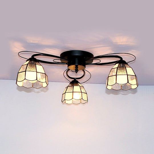 Tiffany Style Stained Glass Ceiling Light with Geometric Art Pattern - 3 Lights Flushmount in Black