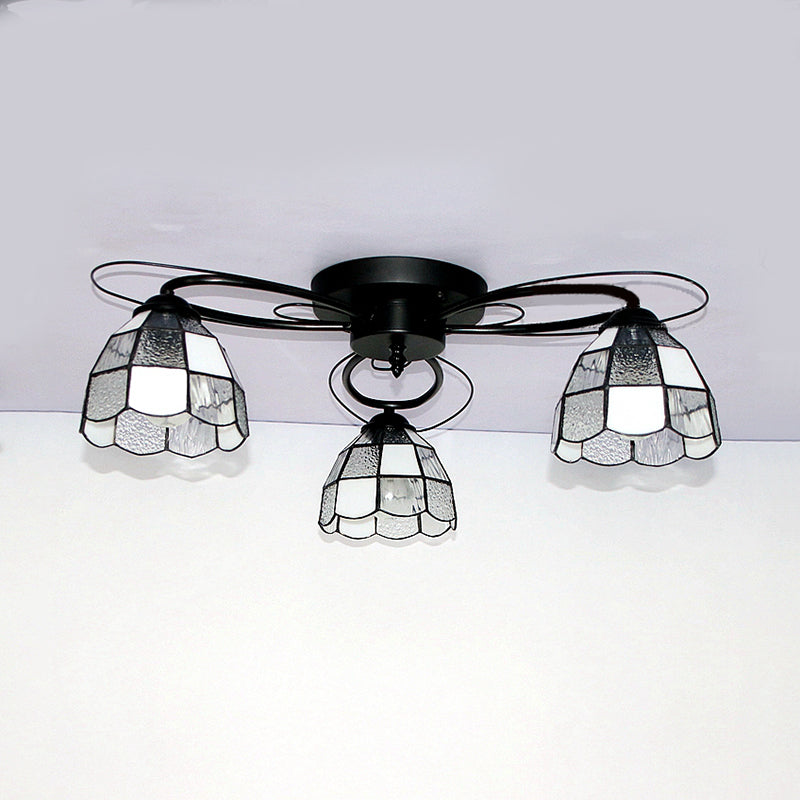 Tiffany Style Stained Glass Ceiling Light with Geometric Art Pattern - 3 Lights Flushmount in Black