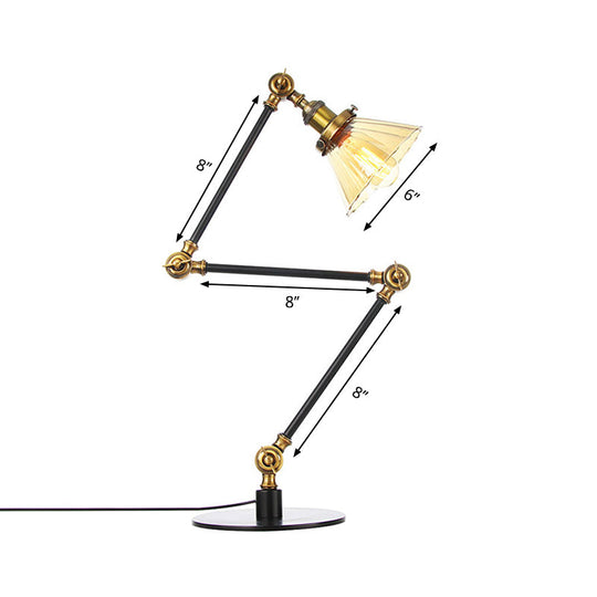 Stylish Cone Clear/Amber Glass Table Lamp - 1 Light Black/Brass Lighting For Study Room