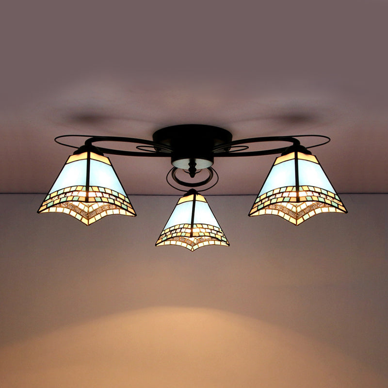 Tiffany Style Stained Glass Ceiling Light with Geometric Art Pattern - 3 Lights Flushmount in Black