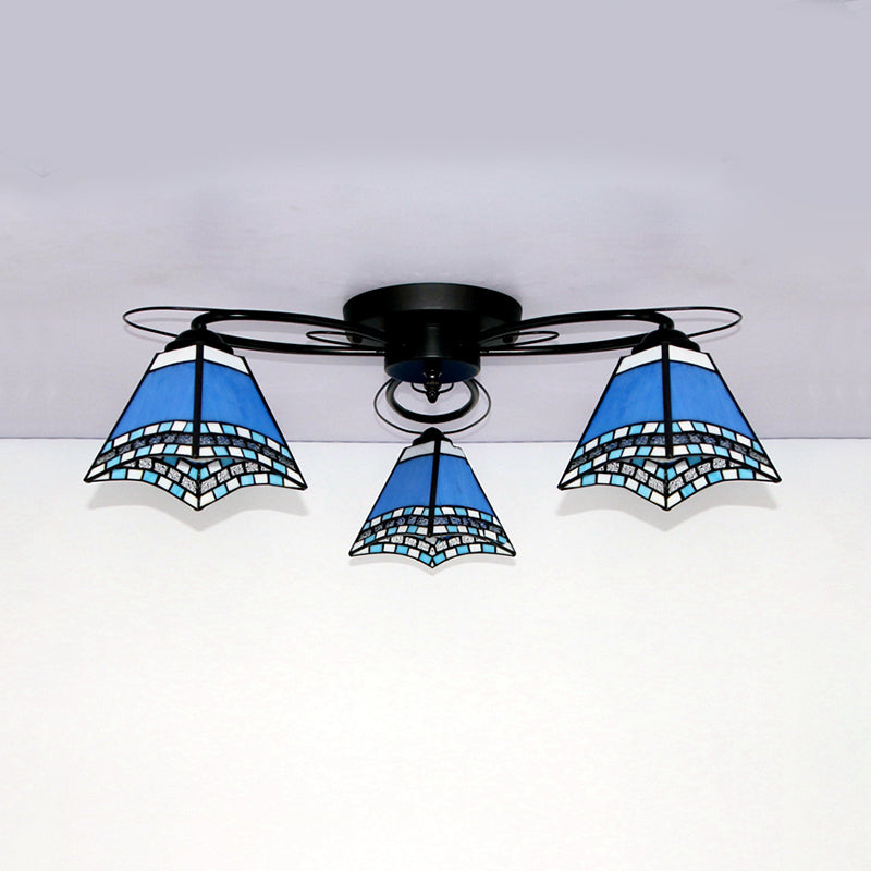 Tiffany Style Stained Glass Ceiling Light with Geometric Art Pattern - 3 Lights Flushmount in Black