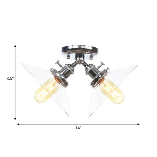 Industrial Conical Restaurant Semi Flush Light With Clear Glass - 2 Lights Ceiling Mount In