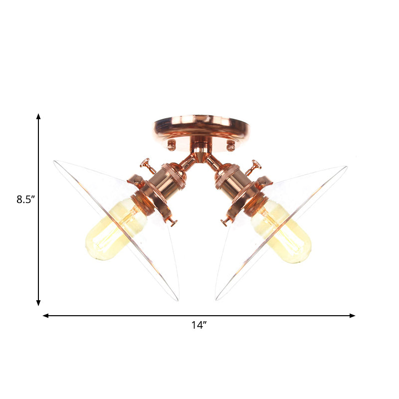 Industrial Conical Restaurant Semi Flush Light With Clear Glass - 2 Lights Ceiling Mount In